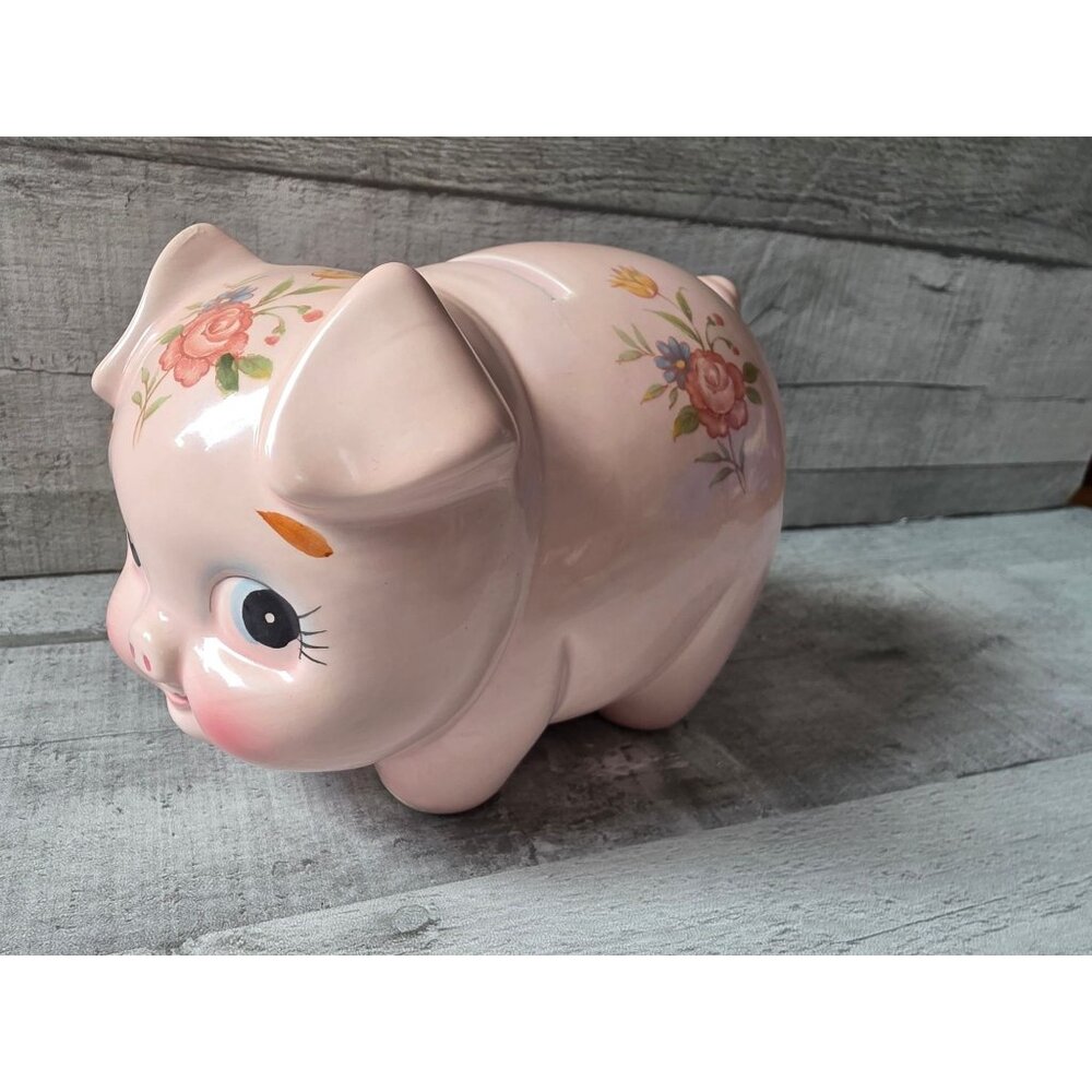 Vintage Lefton Pink Ceramic Piggy Bank With Floral Design